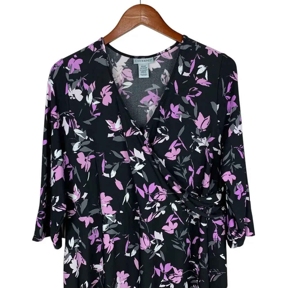 Catherines Faux Wrap Dress Maxi Black Purple Dark Floral Stretchy Womens 14 16WP - Picture 2 of 8